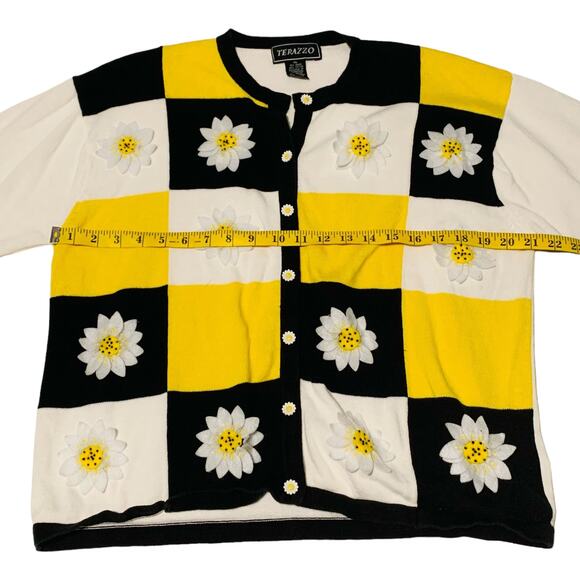 TERAZZO Cardigan XL 3D Flowers Daisy Checked Knit Sweater Button Down Rockabilly - Picture 4 of 6